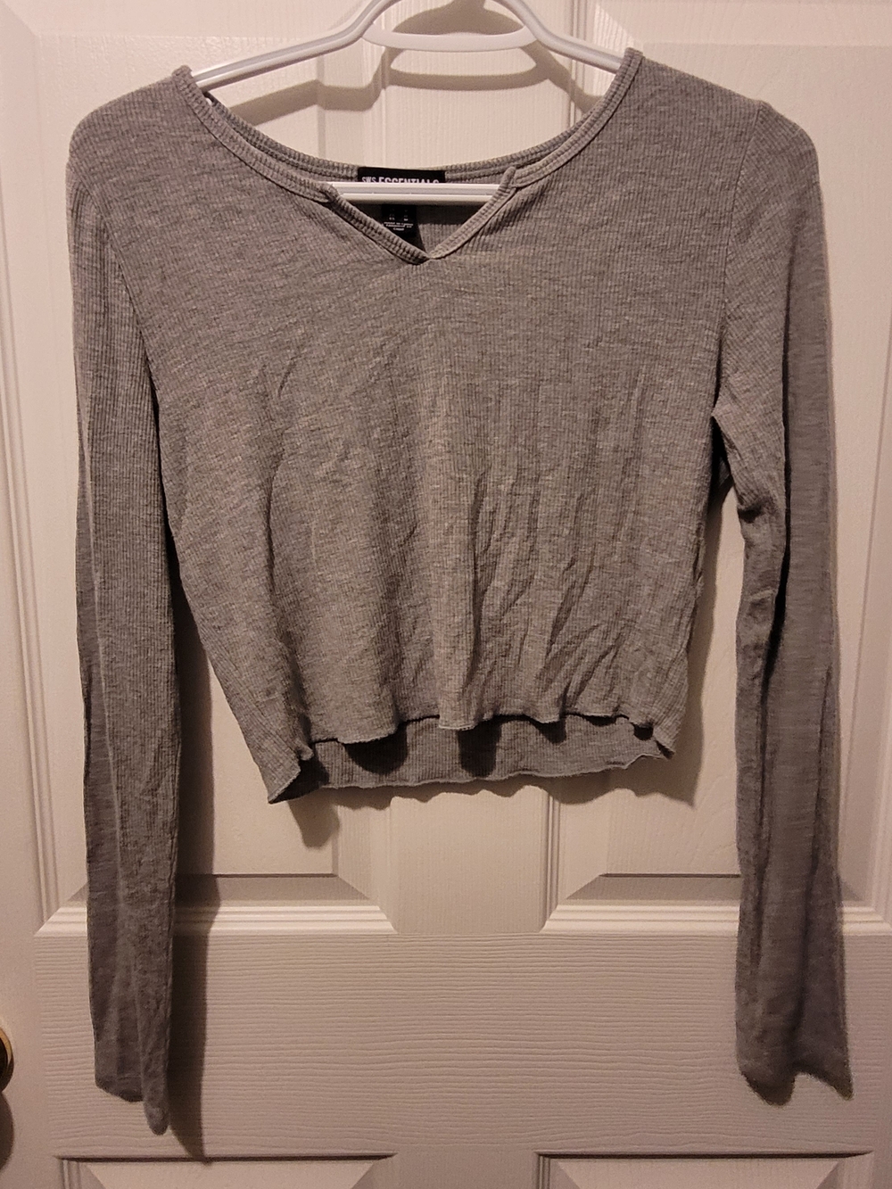 Essentials Grey Ribbed V-Notch Long Sleeve Crop Top